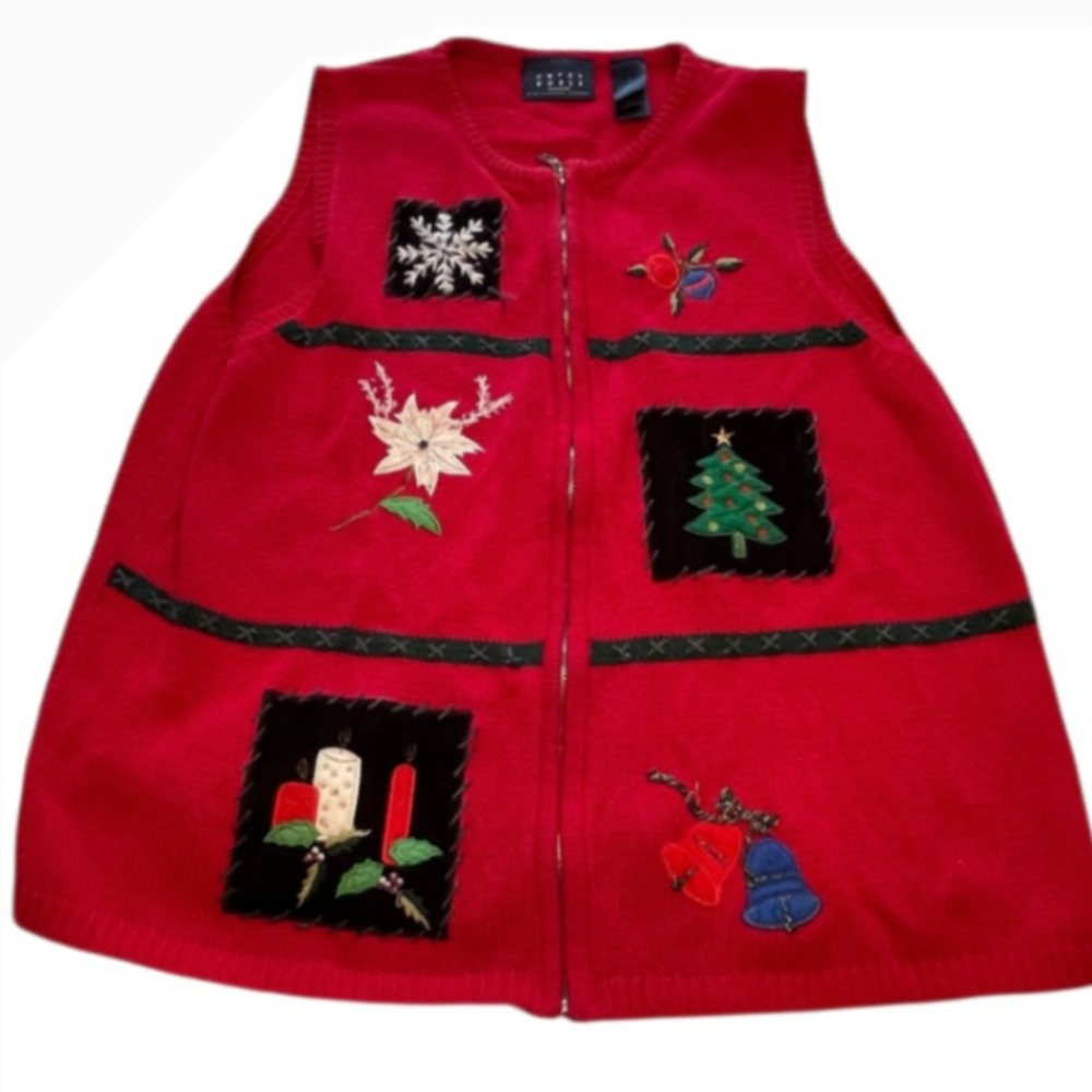 Vtg Crazy Horse Embroidered Christmas Knit Full Zip Sweater Vest Holiday‎ Large